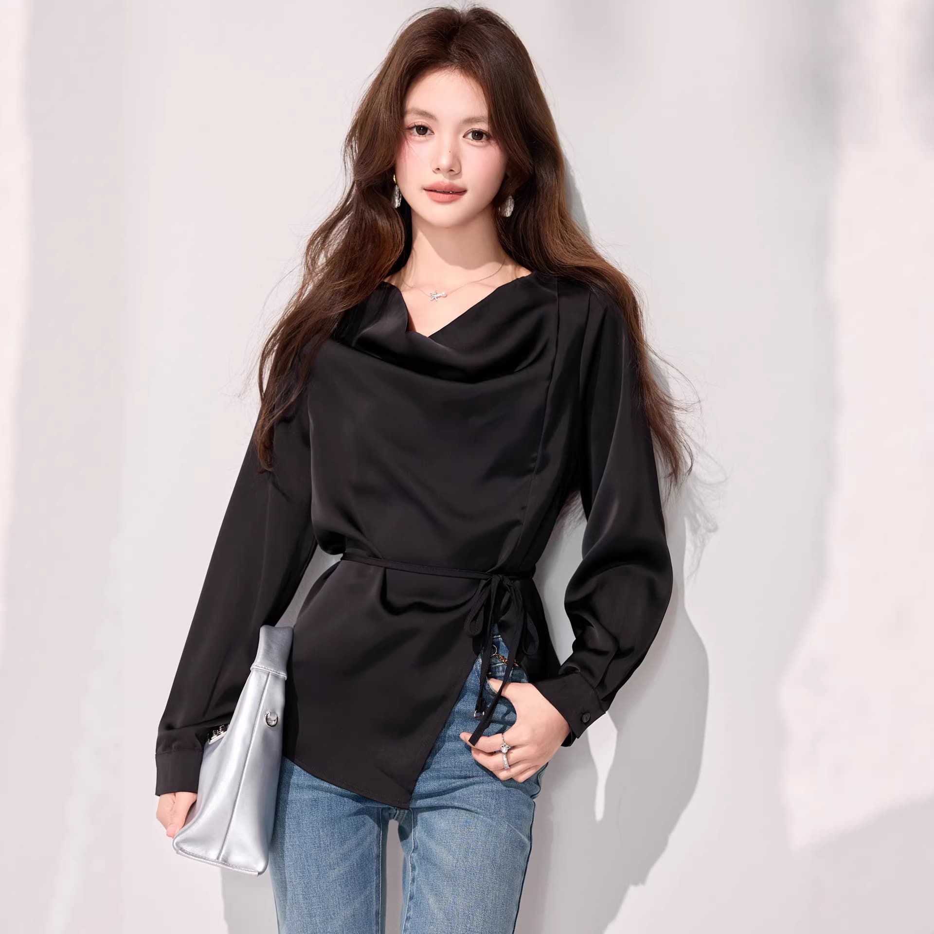 French Draped Neck Chiffon Blouse Spring Autumn New High-Waist Long Sleeve Shirt Women 2026 Elegant Acetate Shirt