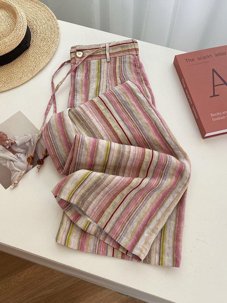 Designed Pink Striped Linen Wide-Leg Pants for Women Summer Plus Size Casual Relaxed Gentle Straight Long Trousers