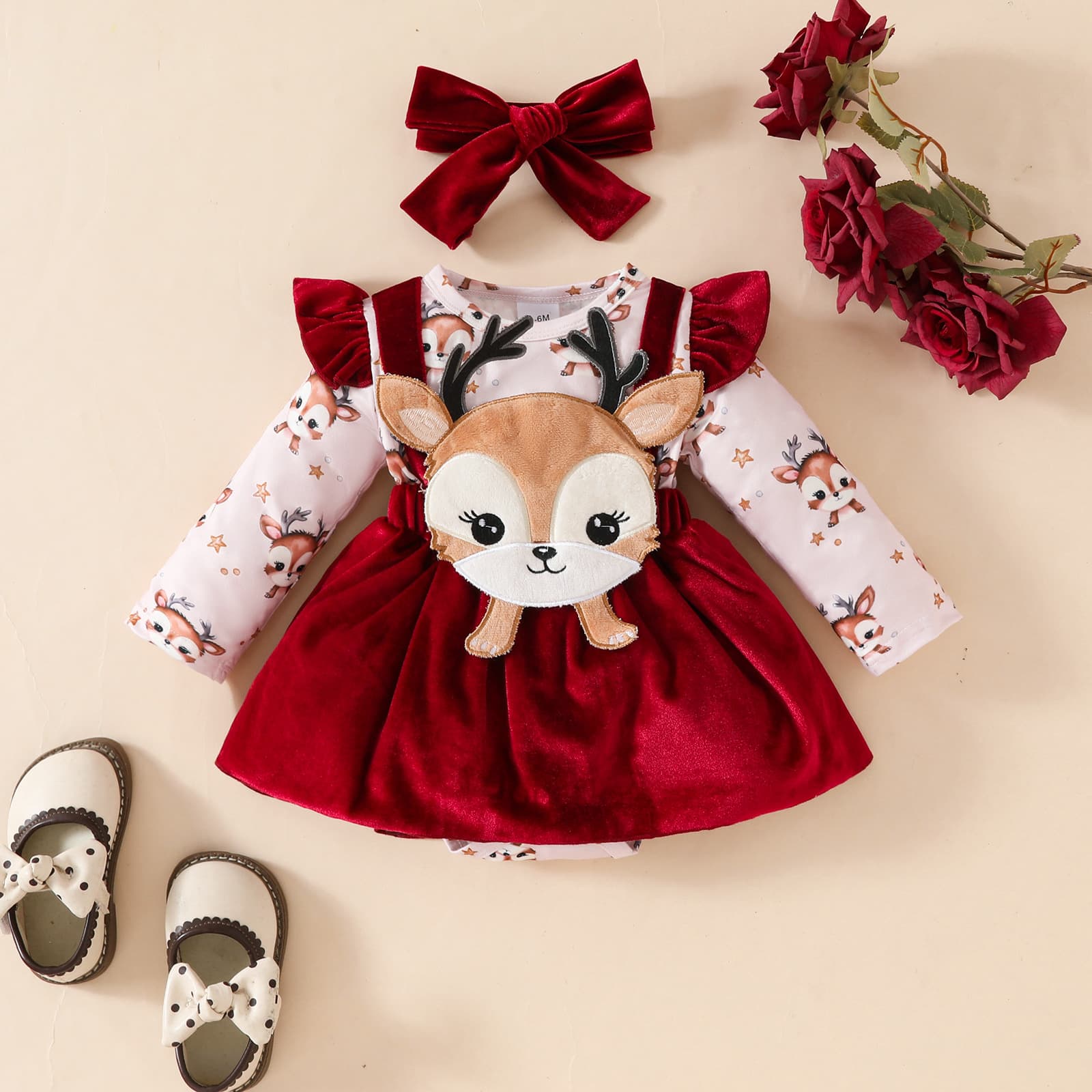 Amazon Baby Christmas Cute Deer Chapter Print Long Sleeve Dress Fake Strap Velvet Skirt Headband