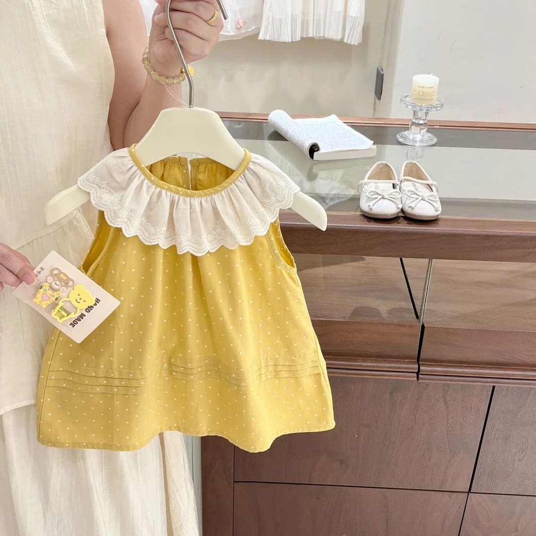 Tian Xiaosi Girls Summer Dress New Children Yellow Vest Dress Baby Sweet Lace Collar Polka Dot Dress