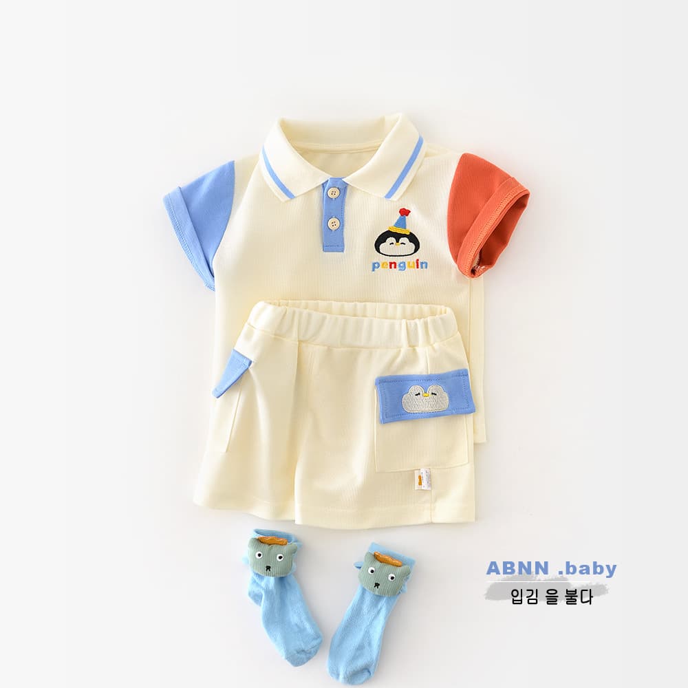 New Summer Kids Cartoon Penguin Embroidered Set, Korean Style Children's Short Sleeve Polo Collar Two-Piece 52002