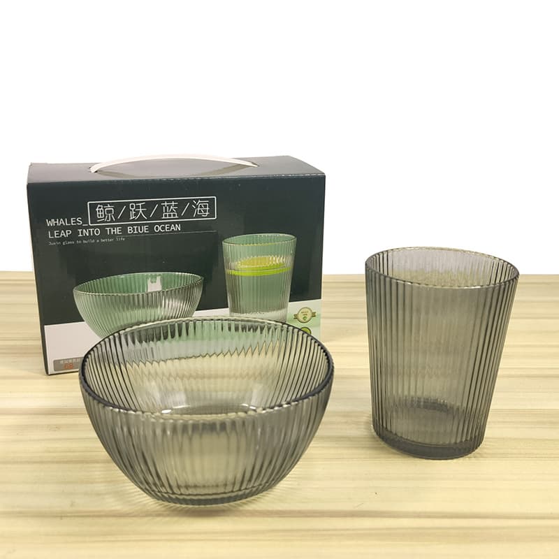 Whale Leap Blue Sea Vertical Stripe Glass Bowl and Cup Set, Home Liquor, Beverage, Salad Bowl, Festival or Opening Gift