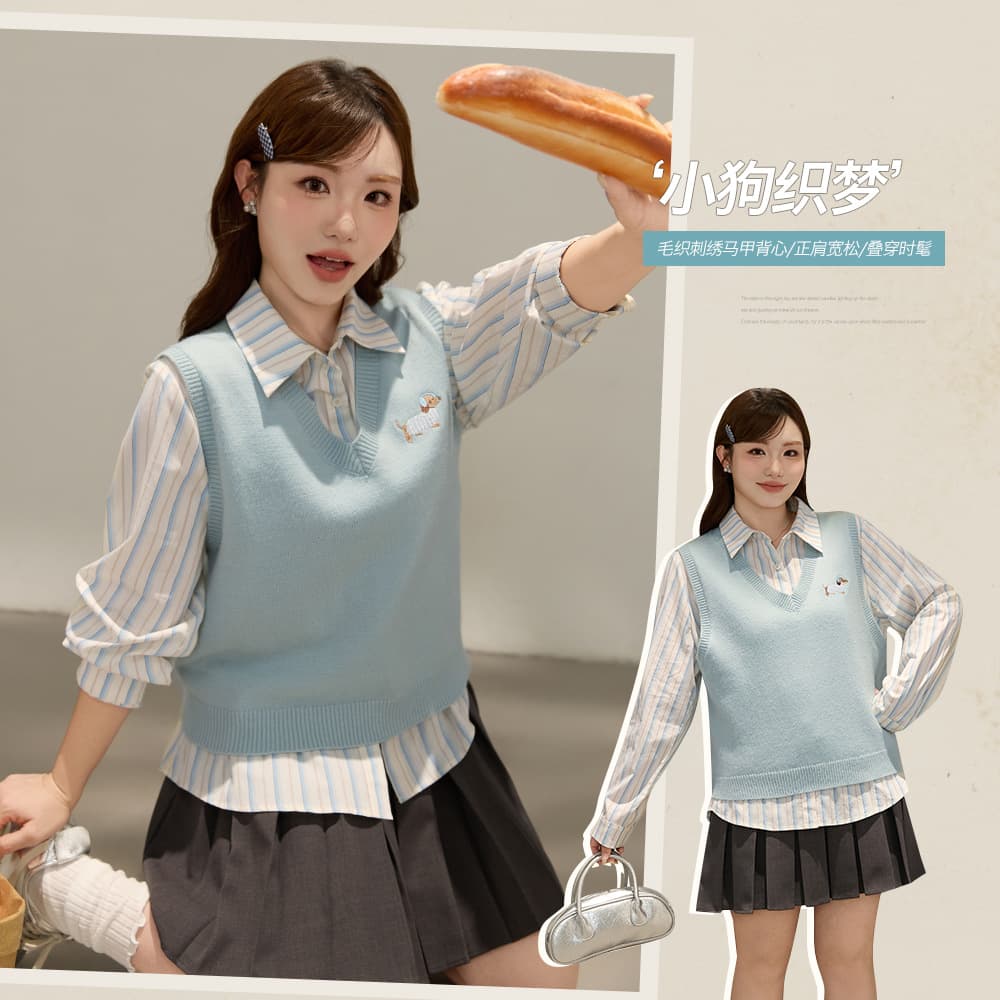 Korean Style V-Neck Embroidered Layered Vest, Autumn New Arrival Plus-Size Women's Clothing, Preppy Style Vest 66061