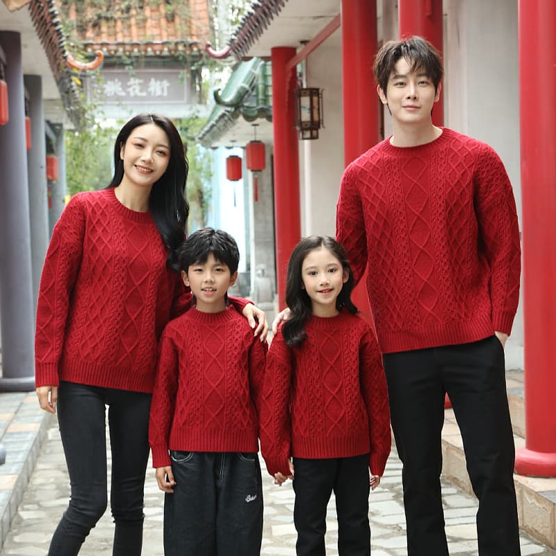 Autumn/winter thickened parent-child set mother-child kids pullover sweater family of three/four red family outfit