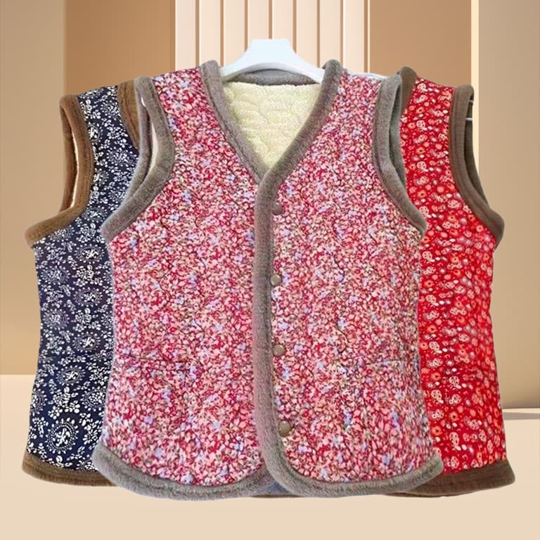 Fleece-Lined Middle-Aged and Elderly Thick Floral Jacket, Mom's New Style Grandma Warm Vest, Autumn/Winter Cotton Vest Sleeveless