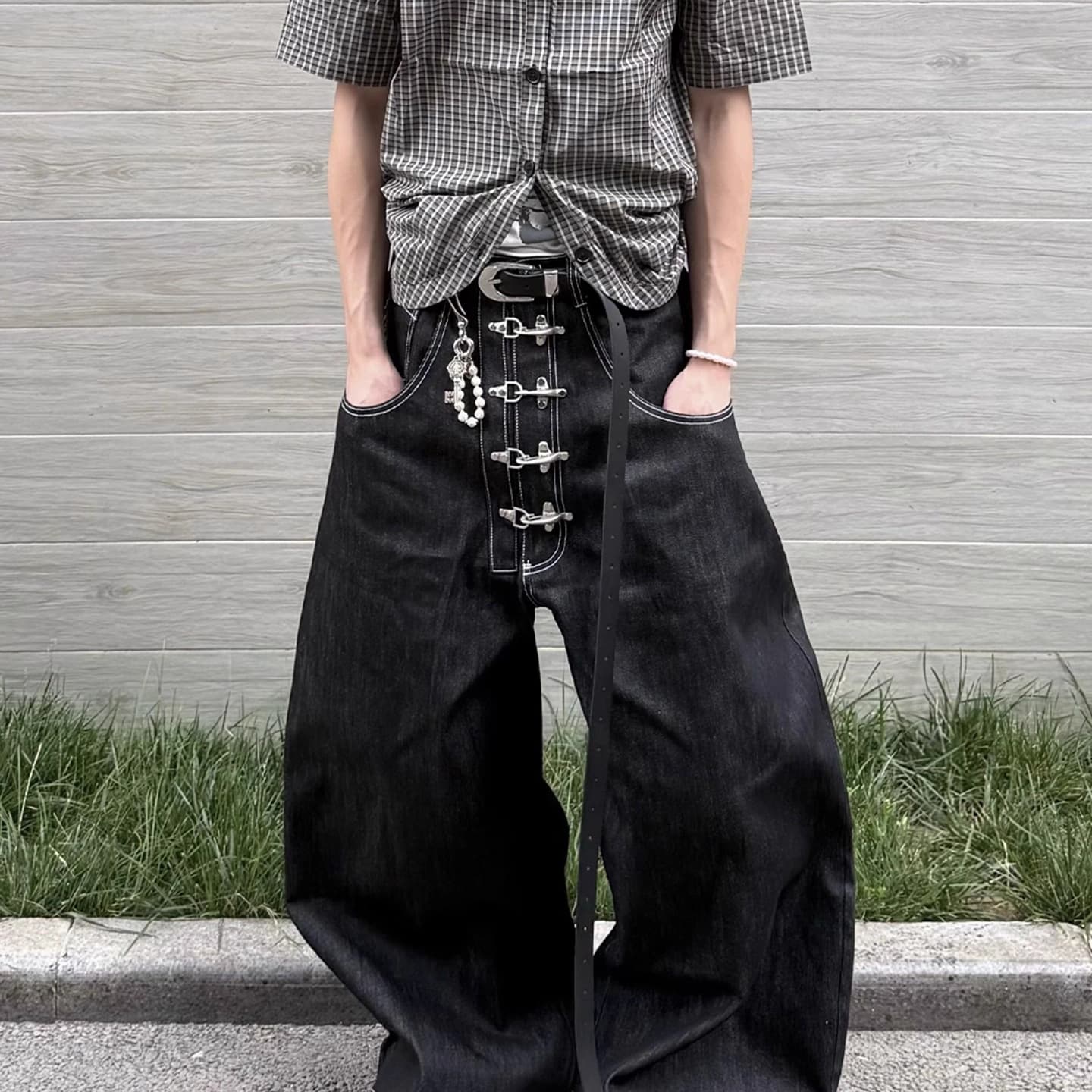 American Retro Aircraft Buckle Design Denim Original Bull Knife Jeans Loose Long Trousers for Men And Women Baggy Silhouette