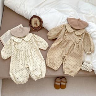 Baby Romper Doll Collar Long Sleeve Crawling Suit, Girls' Polka Dot Bodysuit, Spring/Autumn Newborn Outing Jumpsuit