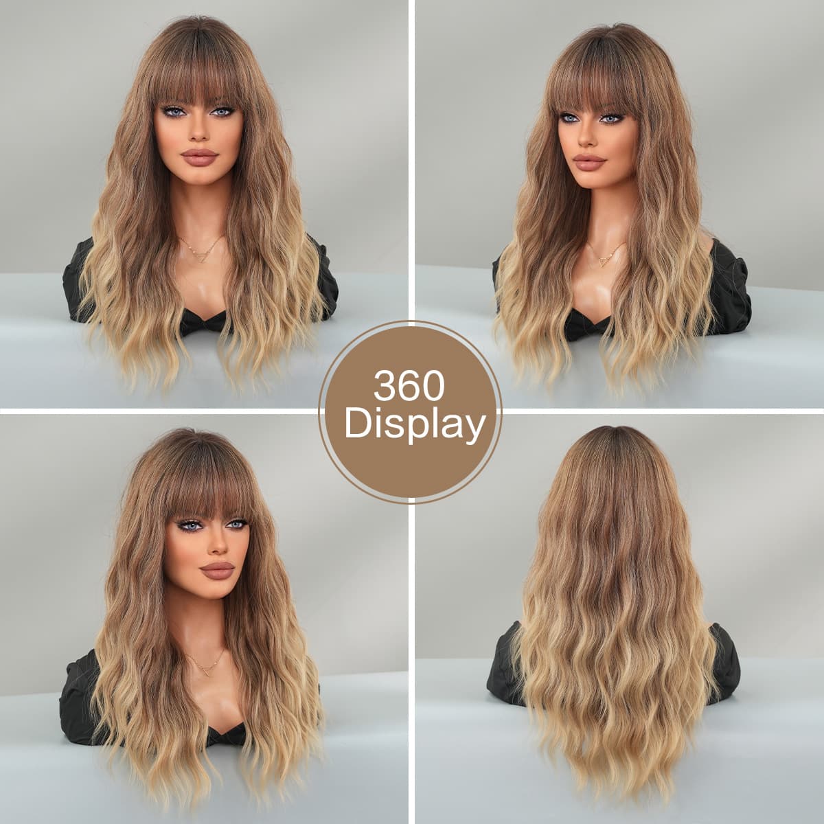 2025 Cross-border Gradient Brown Medium-Long Wavy Curly Hair with Bangs, Natural-Looking Top Dye, Full Wig