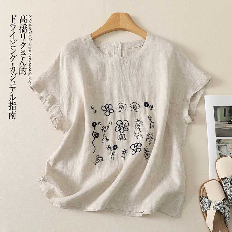 2026 Summer New Versatile Cotton Linen Embroidered Artistic Plus Size Women's Round Neck Top T-Shirt Short Sleeve