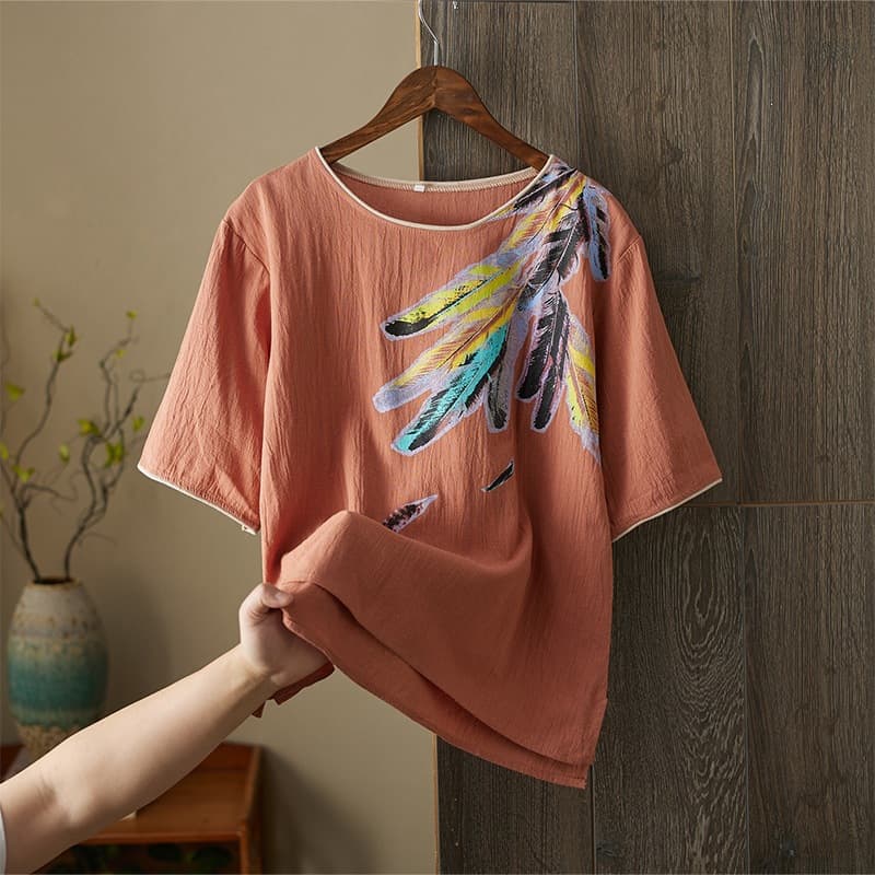 Linen-Cotton Summer New Retro Artistic Print Loose Flowy Slimming Blouse for Women