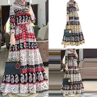 Cross-Border Vintage Ethnic Style Pullover Long Sleeve Tie-Waist Long Dress Popular Fashion