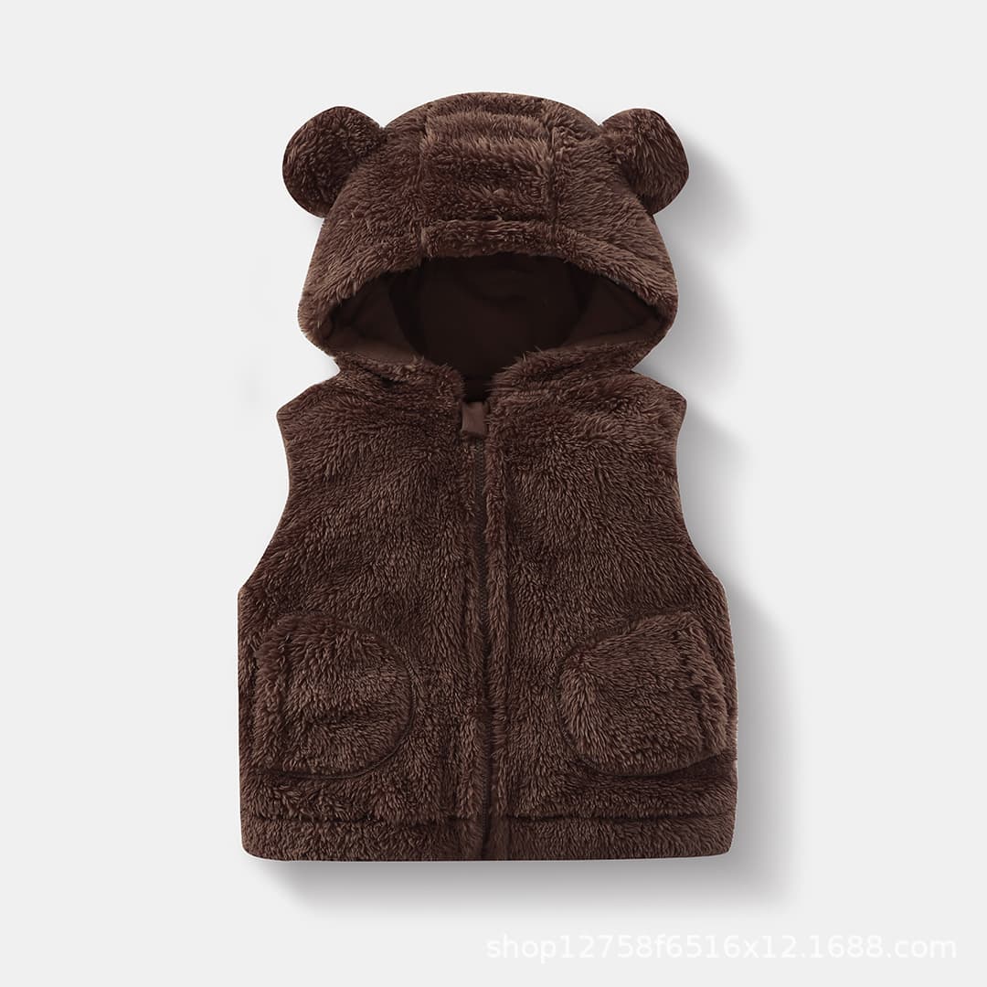 Children's Vest Autumn Winter New Plush Hooded Zipper Front Bear Print Sleeveless Outerwear Home Top