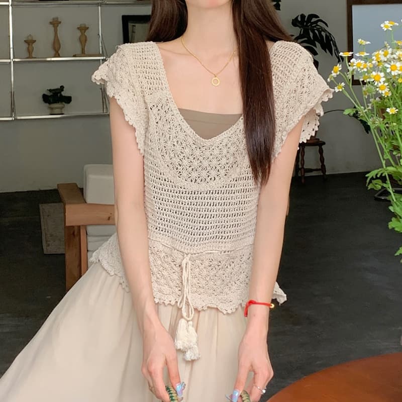 2025 Summer New Hollow Stylish Versatile Short Sleeve U-Neck Knit Top Women's Niche Crop Top JG235