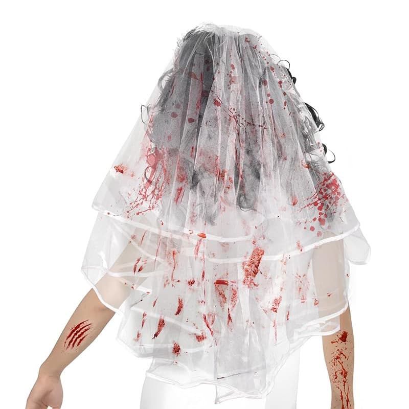Halloween Blood-Stained Veil Mesh Ghost Bride Cosplay Veil Prop Red Blood Trim Double-Layer Veil
