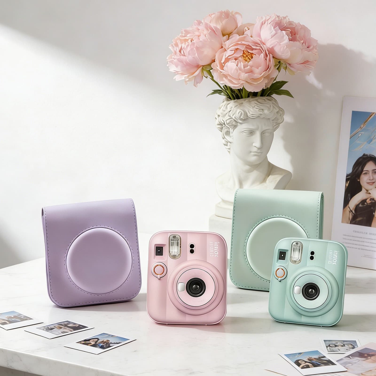 New Instant Camera Bag mini13 Compatible Camera Case Solid Color PU Camera Storage Bag with Metal Buckle Strap and Back Pocket