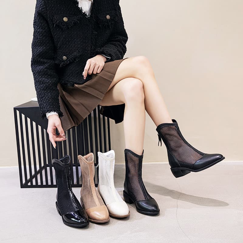 Summer Martin Boots with Hidden Height Increase for Petite Women, Genuine Leather White, Spring and Autumn Hollow Breathable Mesh Short Boots
