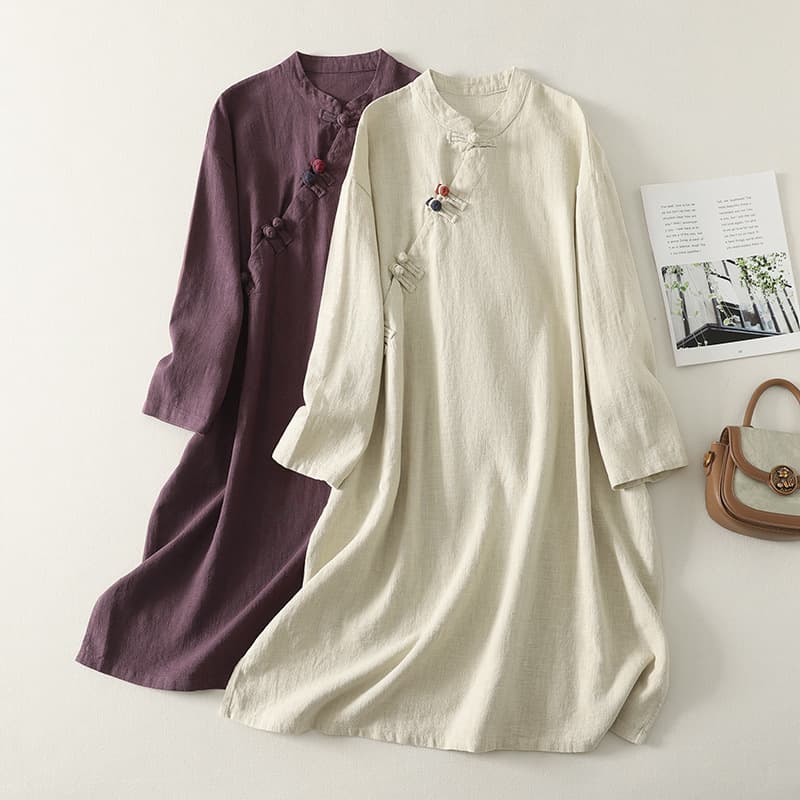 New Chinese Style Dress National Aesthetic Zen Attire Practitioner Robe Diagonal Closure Frog Button Robe Retro Qipao Skirt