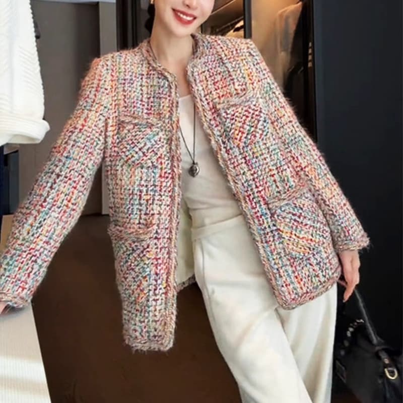 Large size small fragrant coat for fat mm women medium-length rainbow braided fashionable tweed coat 200 pounds spring