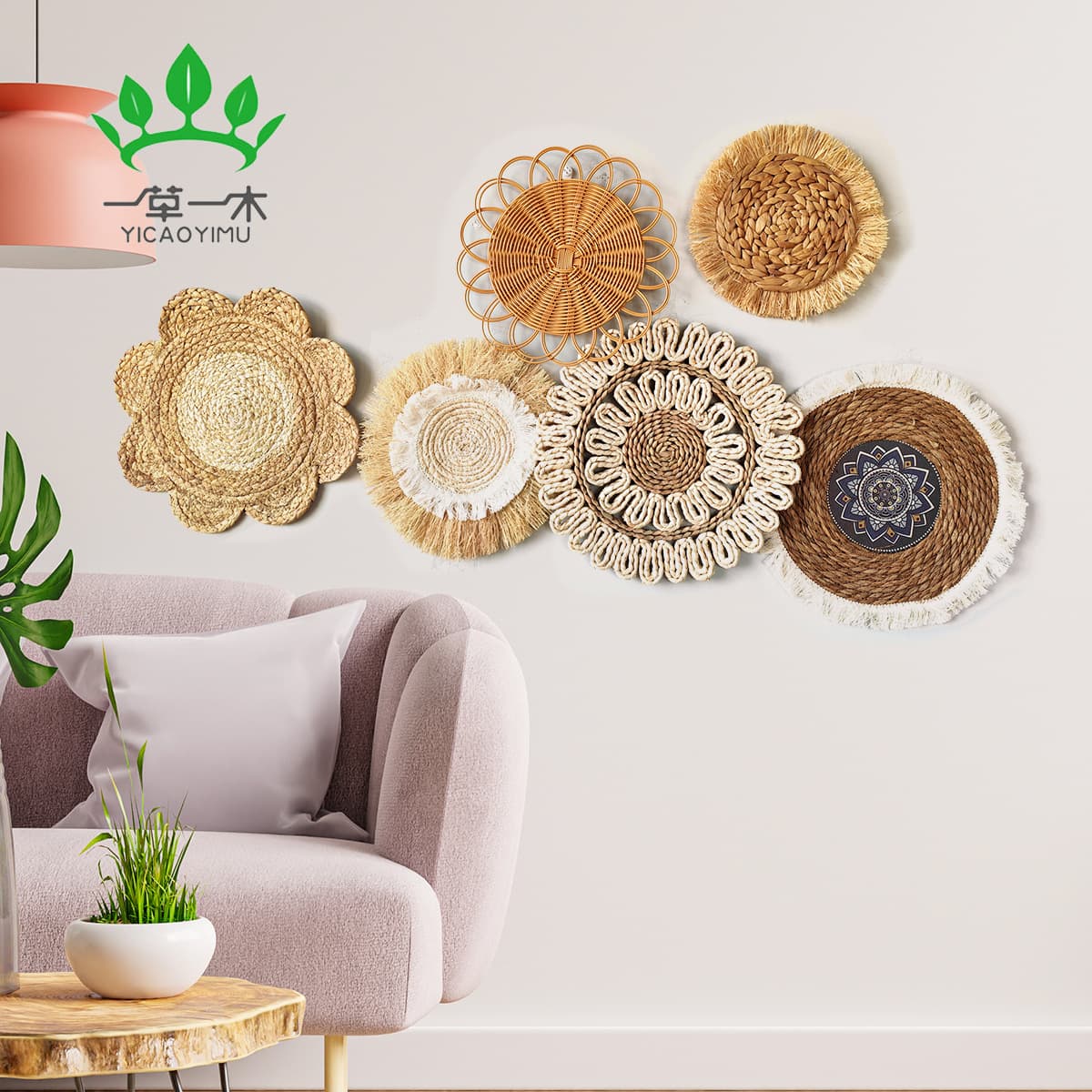 Boho Straw Woven Wall Decor, Bohemian Style Round Wall Hanging for Bedroom, Dining Room, Wall Decoration