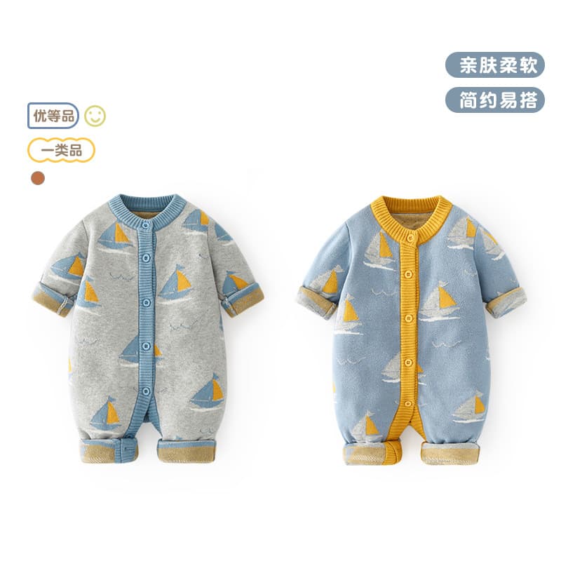 Little Sailboat Thickened Baby Romper Spring Autumn Cotton Baby Onesie Newborn A-Class Clothing