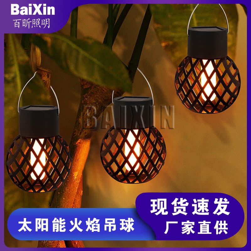 Cross-border outdoor solar flame hanging ball lamp, outdoor led simulation flame lamp, hanging lamp for camping atmosphere decoration