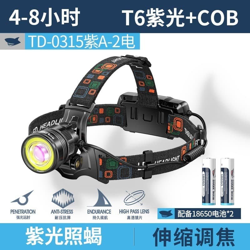 Smiling Shark New Outdoor High-Brightness Headlamp Purple Light Retractable Zoom Wave-Sensing Rechargeable Long-Lasting Scorpion Hunting Light