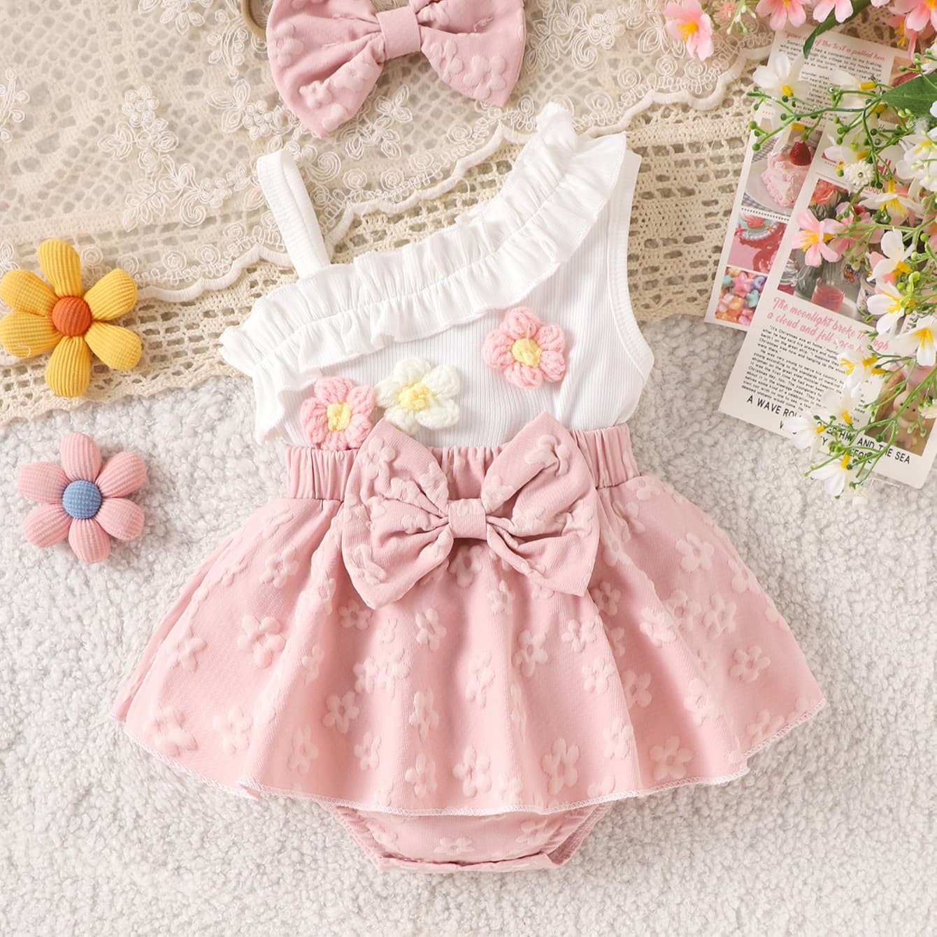 Yunbo Cross-Border European and American Summer Baby Floral White Camisole Top Pink Skirt Cute Sweet Princess Dress In Stock