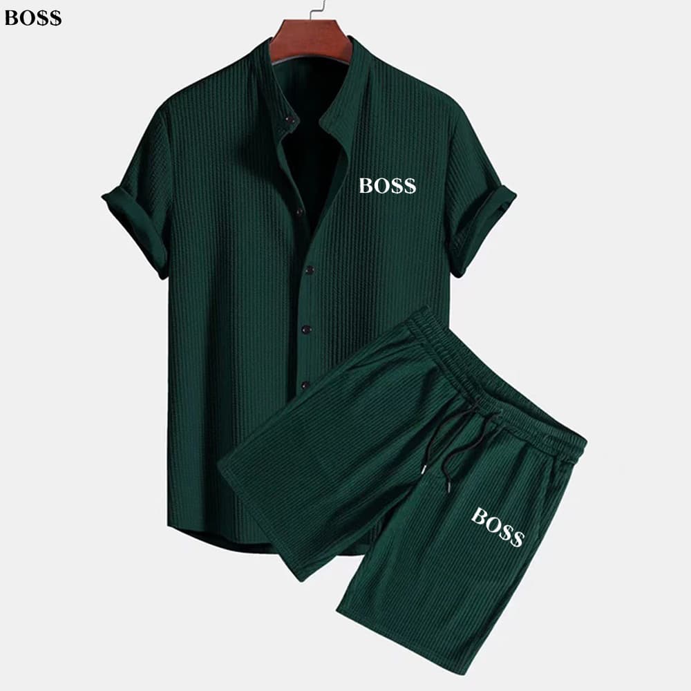 European and American Aliexpress Foreign Trade Independent Site Men's Casual Loose Multi-Color Beachwear Ribbed Short-Sleeve Two-Piece Set