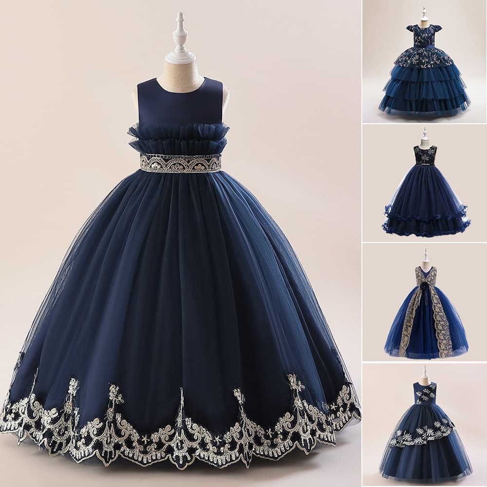 Cross-Border Girls Princess Dress Embroidered Lace Dress Birthday Party Evening Dress Sleeveless Cake Dress Navy Blue Long Dress
