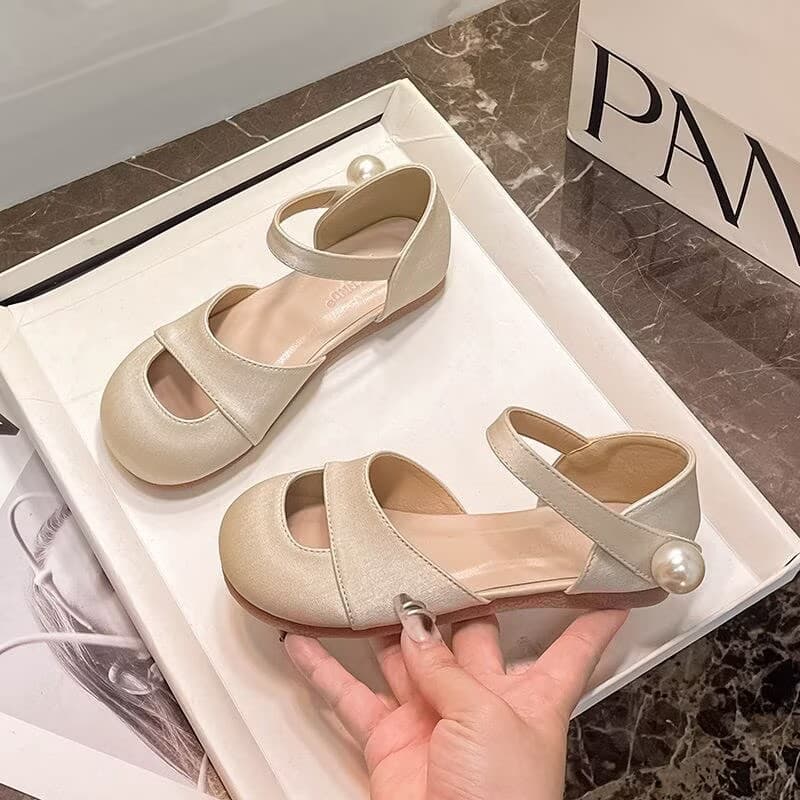 White Pearl Embellished Closed Toe Sandals, Summer New Fairy Style Princess Shoes, Chic and Versatile Girls' Flats