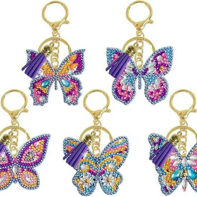 5-Pack Adult Child Diamond Painting Keychain, 5D Double-Sided Diamond Painting Butterfly Image