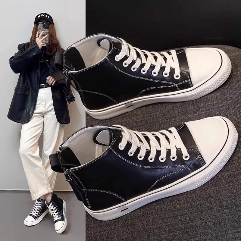 Hong Kong Genuine Leather Large Size Women's Shoes 41-43 High Top Sneakers for Women, 2025 New Spring Autumn Flat Casual White Skate Shoes