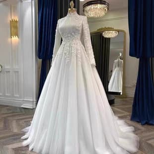 Middle Eastern Wedding Dress High Neck Full Coverage Long Sleeve Small Train Beaded 3D Floral Gown