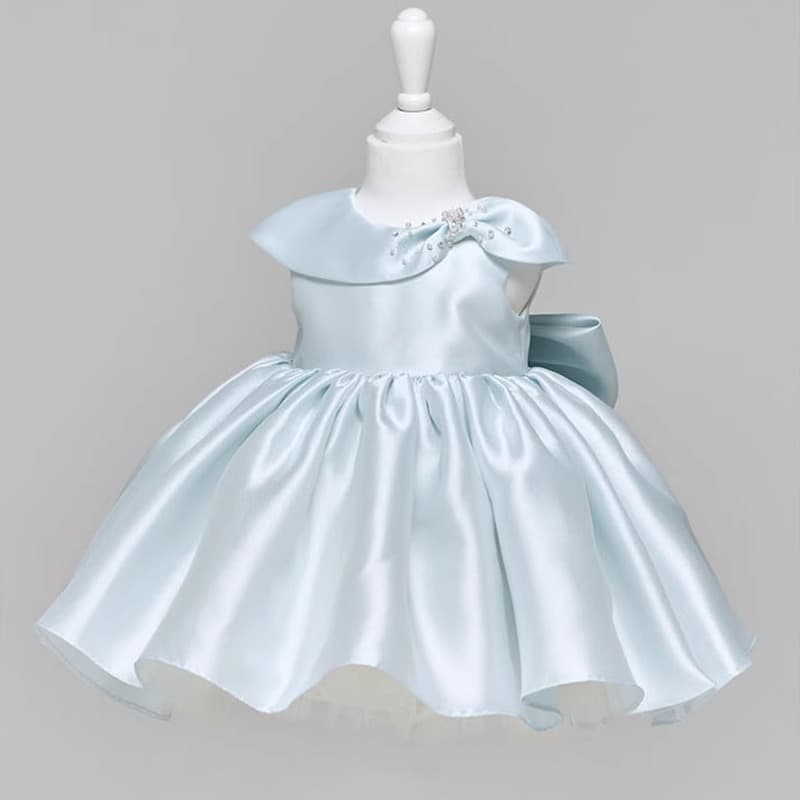 Light blue Korean version of baby girl's one-year-old dress, children's birthday photoshoot, stylish satin style puffy princess dress