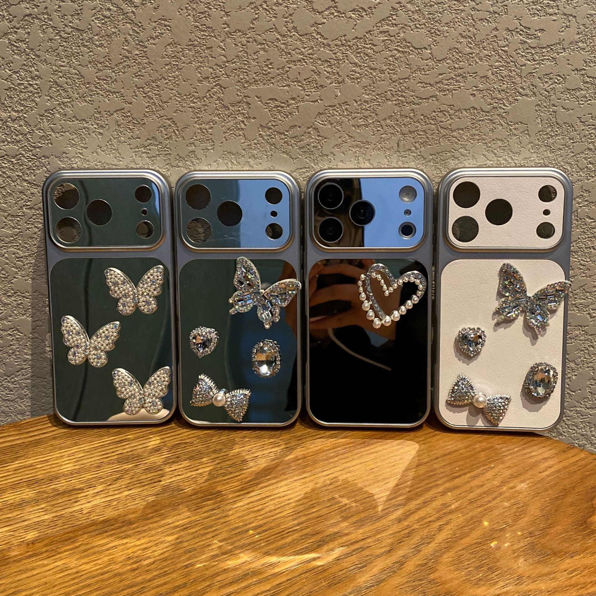 Luxury Rhinestone Butterfly Mirror Case Compatible with iPhone 17/16/15 Pro Max, 14 Pro Large Window 13 Full Coverage