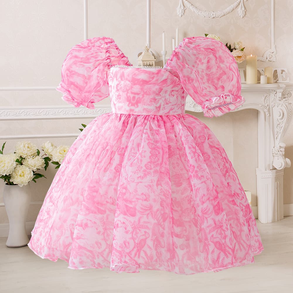 New Cross-Border Girls' Dress Printed Puff Sleeve Princess Dress Cute Tutu Piano Performance Gown