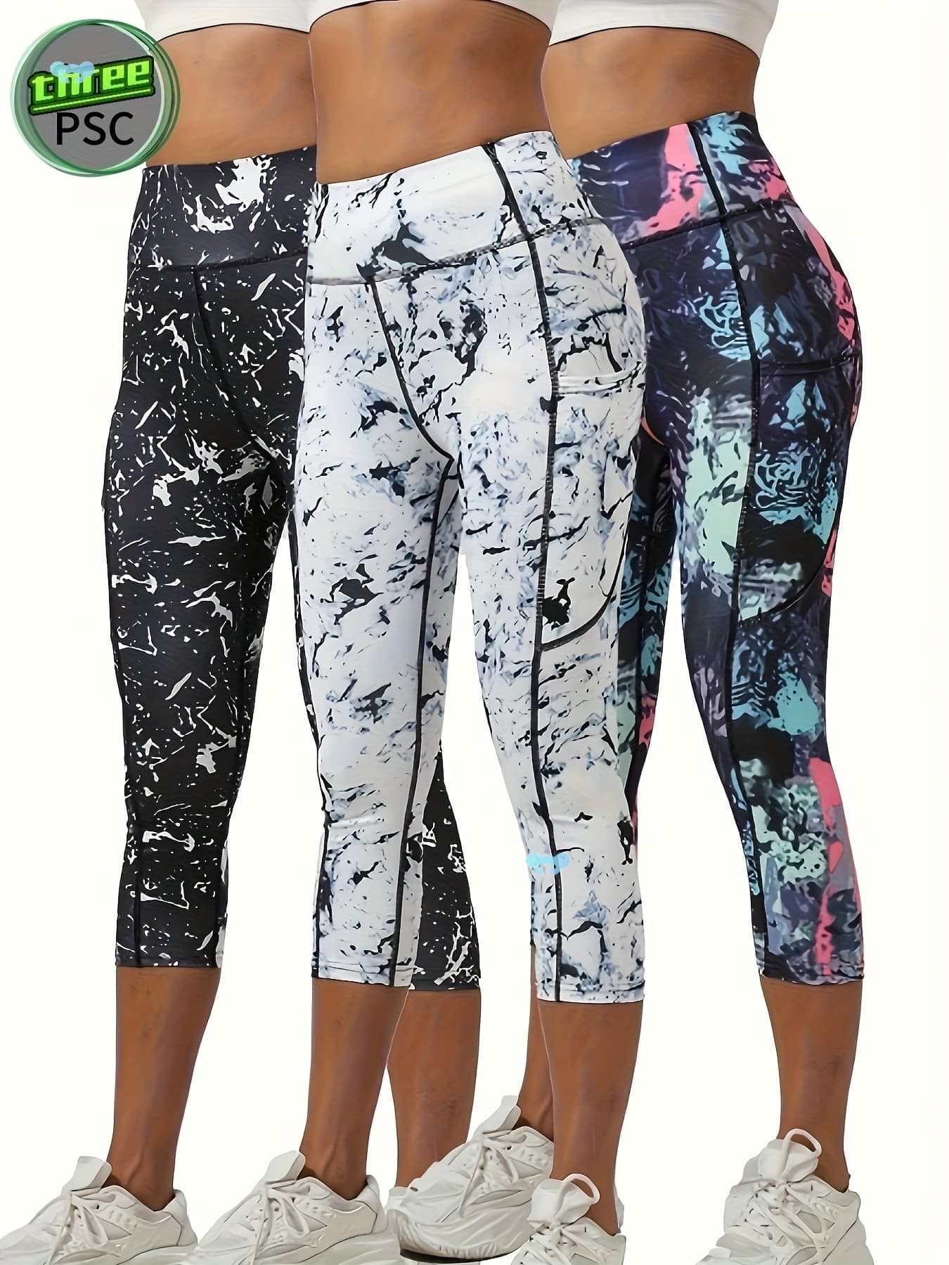3pcs High Waist Tummy Control Capri Leggings, Women's