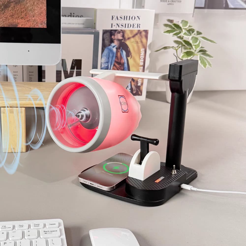 New desktop turbofan airplane engine creative fan with humidifying spray and lights, technological desktop turbine fan.