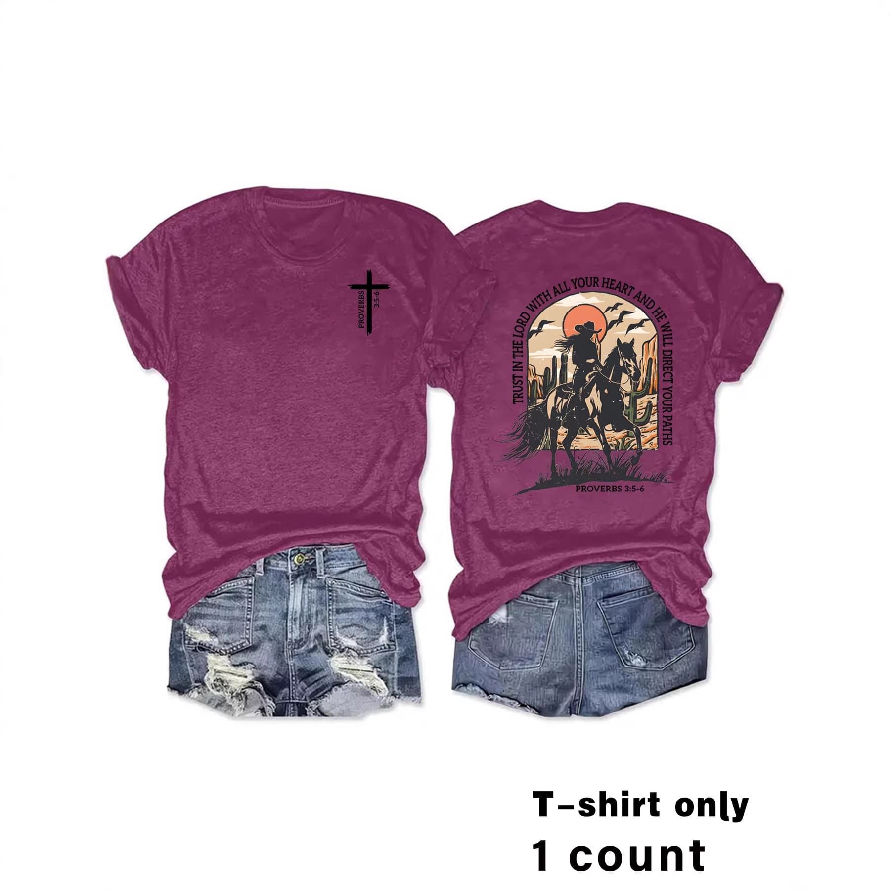Cross-border trade women's top with high-end cross and cowboy horse riding print short sleeve fashion T-shirt, in stock