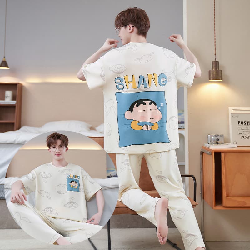 Boys' Pajama Set, Summer Cotton Short Sleeve and Long Pants, Spring/Autumn Style, Cartoon Design for Teens and Middle School Students, Homewear Set