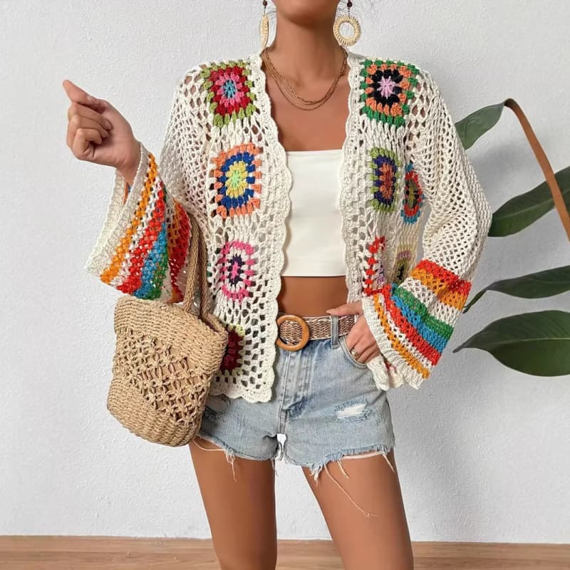 Cross-Border Ethnic Style Retro Crochet Rainbow Long-Sleeve Cardigan Random Color Block Handmade Crochet Sweater Lace Top