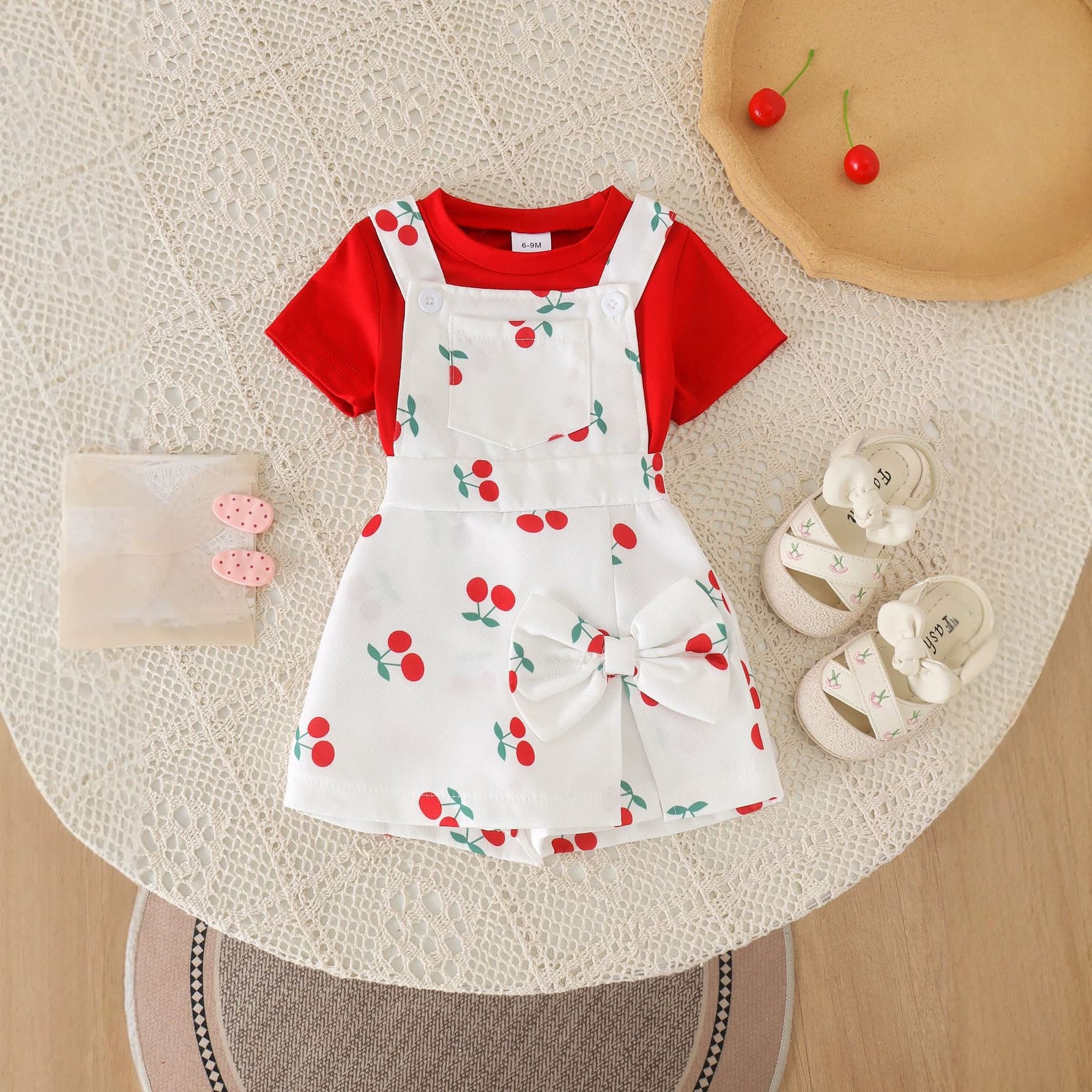 Girls Sweet Cherry Print Suspender Skirt Suit Red Round Neck Butterfly Suspender Skirt Summer Wear