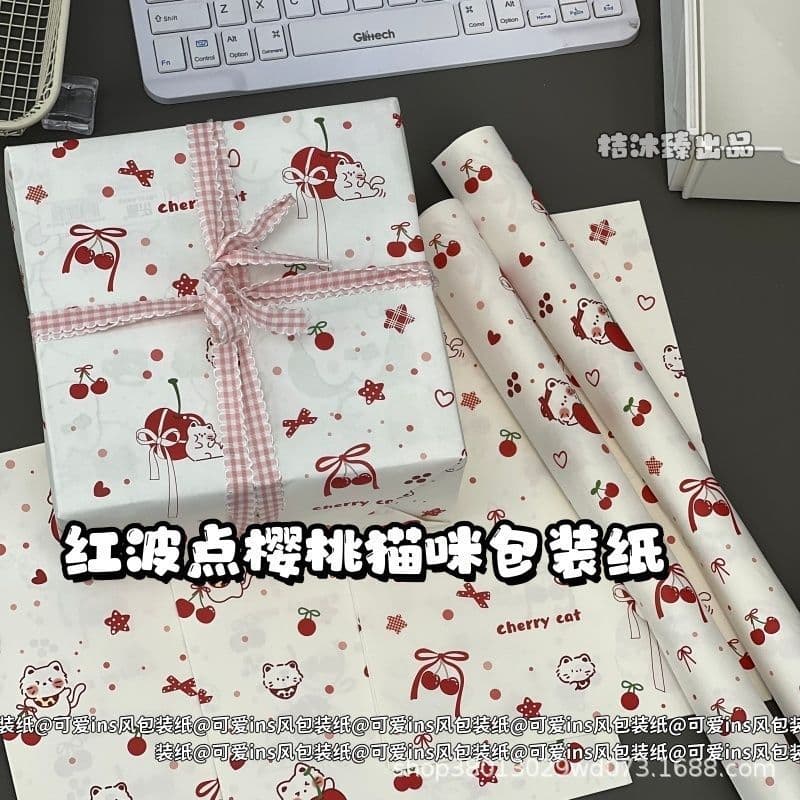 Red polka dot cherry cat wrapping paper high-looking gift wrapping paper hand-decorated ins wrapping paper girly heart