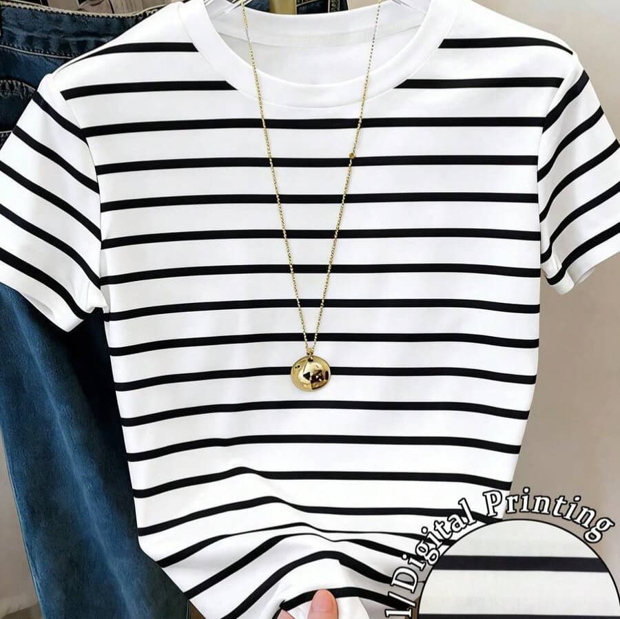 Striped Print 2026 Summer New European and American Style Comfortable and Fashionable Retro T-Shirt with Round Neck and Short Sleeves