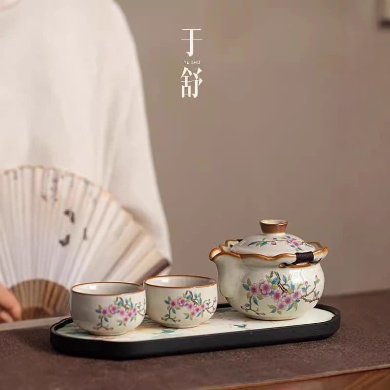 Pink Peach Blossom Ru Kiln Hand-Held Teapot Single Premium Tea Pot Anti-Scald Tea Bowl with Lid Home Ru Porcelain Kung Fu Tea Set