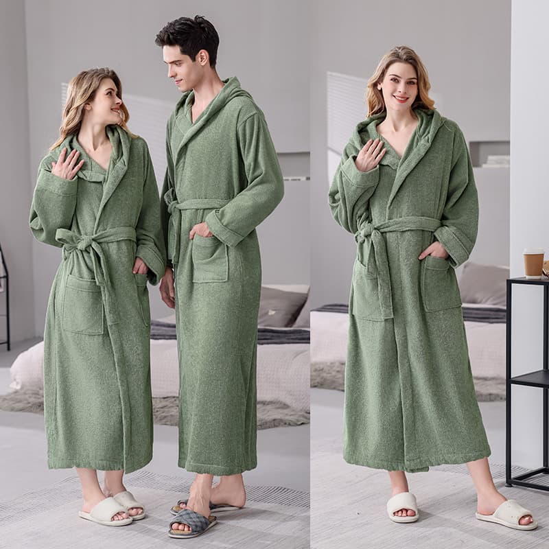 Pure cotton bathrobe, adult towel material, hooded nightgown, all-cotton couple long bathrobe, spring and autumn, logo wholesale.