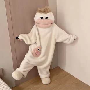 Big Mouth Monster Coral Fleece Onesie Pajamas for Women Winter Thick Funny Cartoon Abstract Couple Bathrobe with Comb
