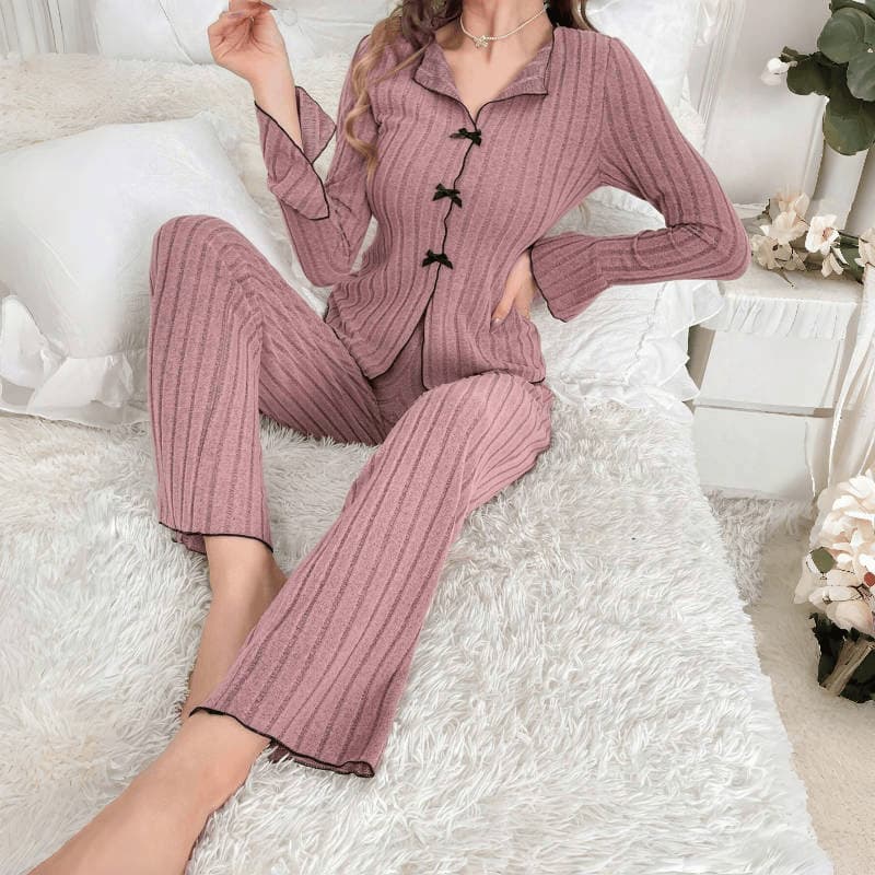 European and American New Autumn/Winter Lapel Long-Sleeve Long-Pants Casual Pajama Set for Women, Homewear Pajama Set with Butterfly Pattern