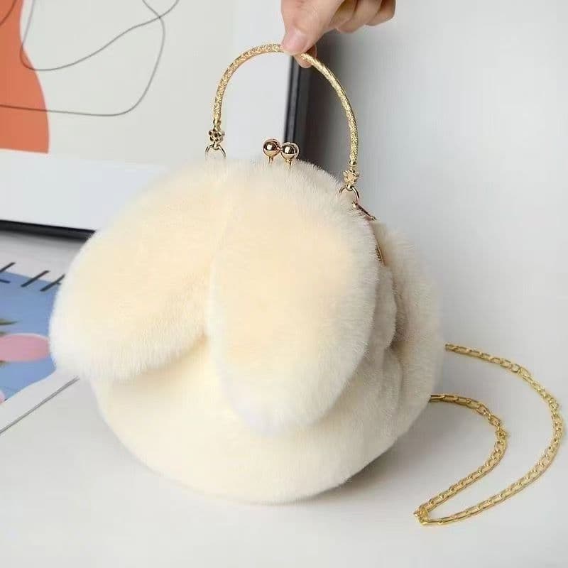 Autumn and Winter Furry Bags for Women, Plush Handbags with Rabbit Ears, Fashionable Round New Style Plush Rabbit Bags for Women