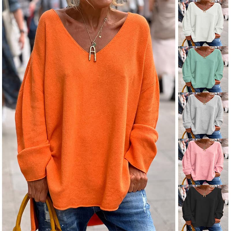 2026 Autumn/Winter New European & American Cross-Border Foreign Trade Women's Clothing Solid Color V-Neck Long-Sleeve Loose Casual Comfortable T-Shirt Top